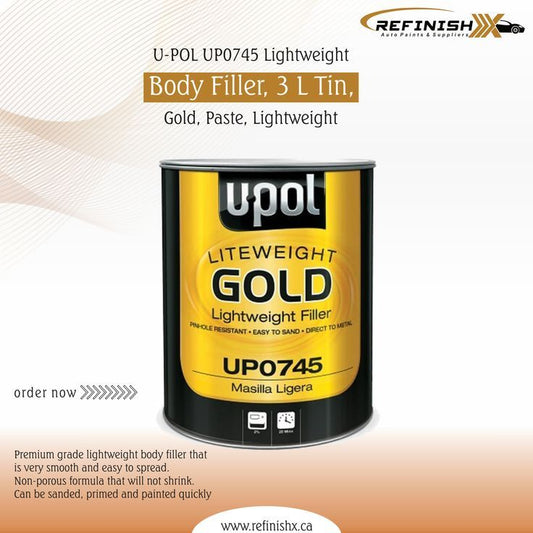 U-POL UP0745 Lightweight Body Filler, 3 L Tin, Gold, Paste, Lightweight - refinishx.com