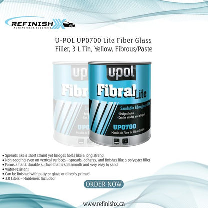 U-POL UP0700 Lite Fiber Glass Filler, 3 L Tin, Yellow, Fibrous/Paste - refinishx.com